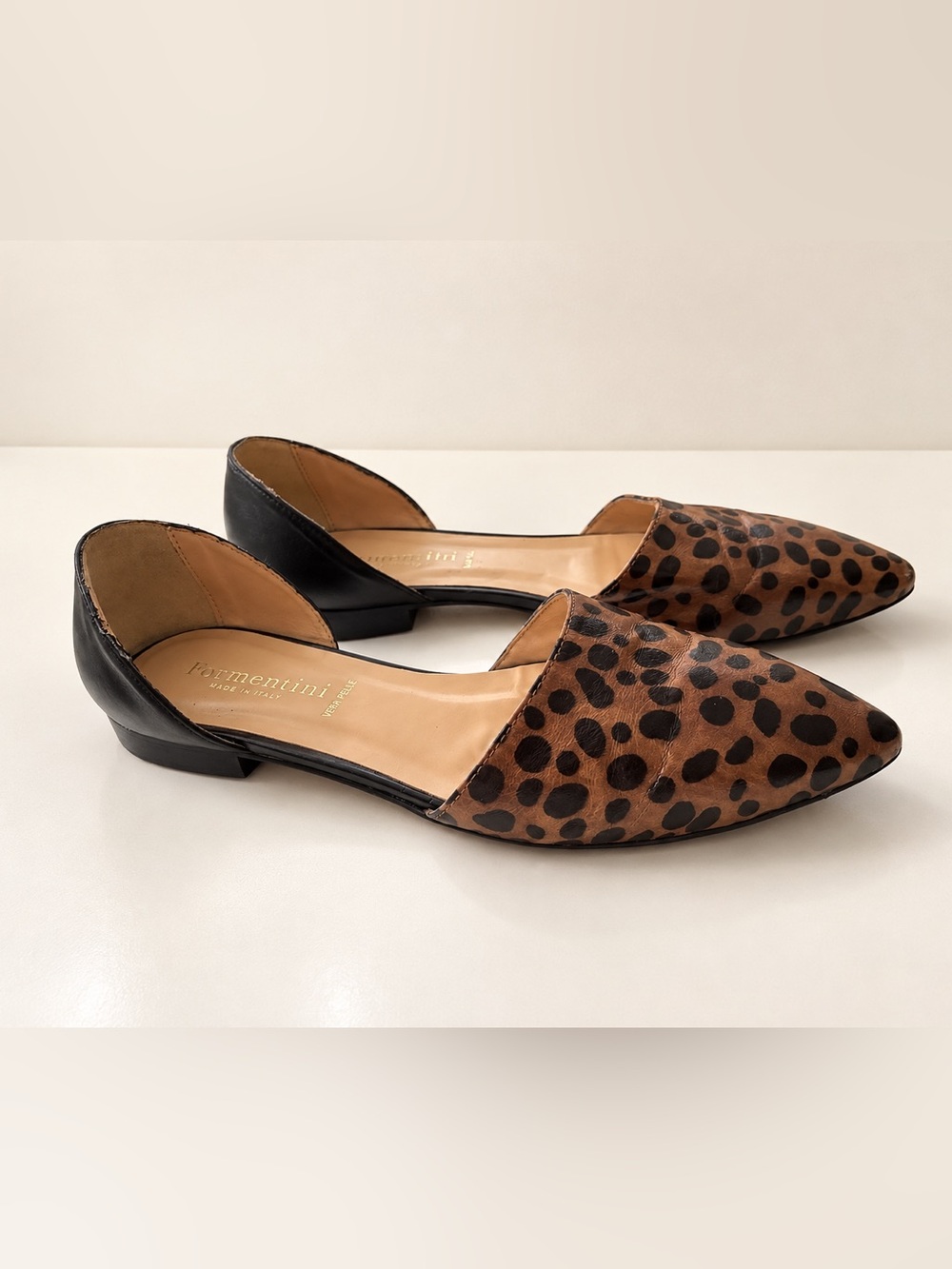 Formentini Leopard Leather D’Orsay Pointed Toe Ballet Flats EU 38 Approx US 8